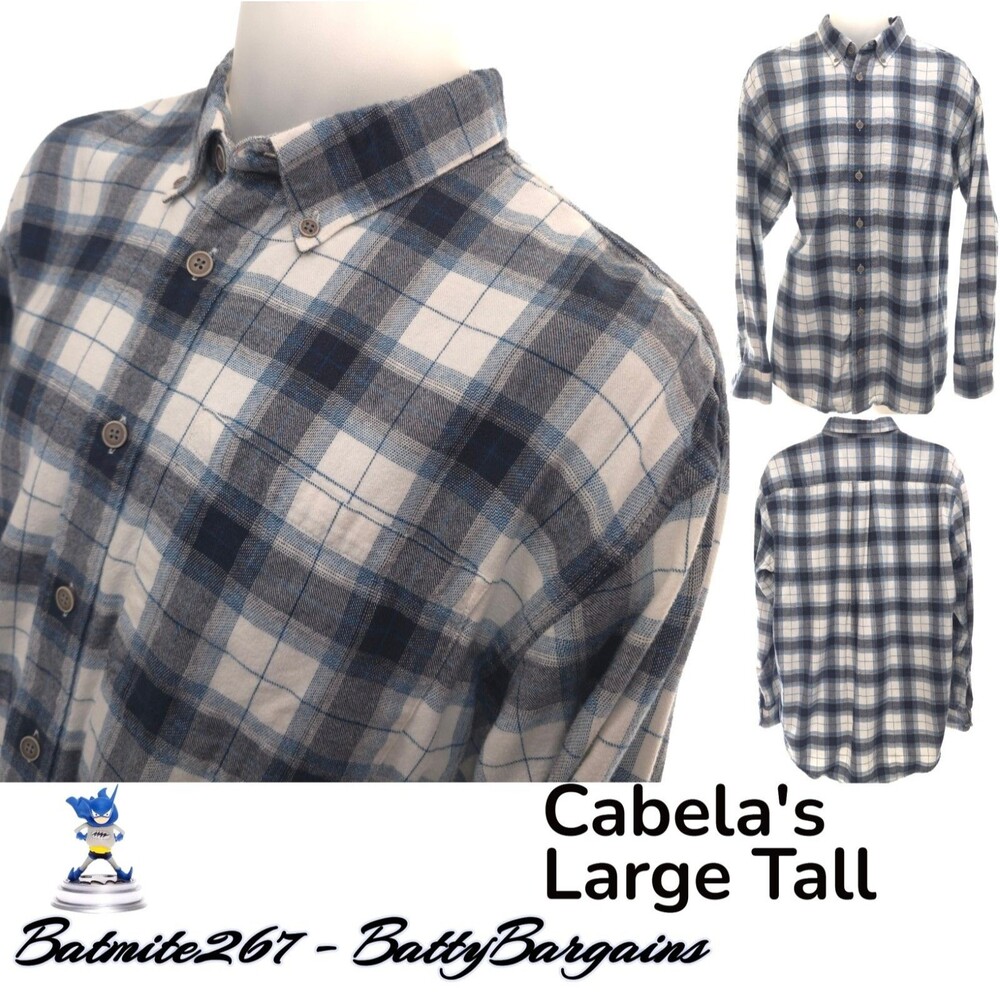 Cabelas Large TALL Mens Shirt Blue Flannel Button up Long Sleeves Pocket  Camis